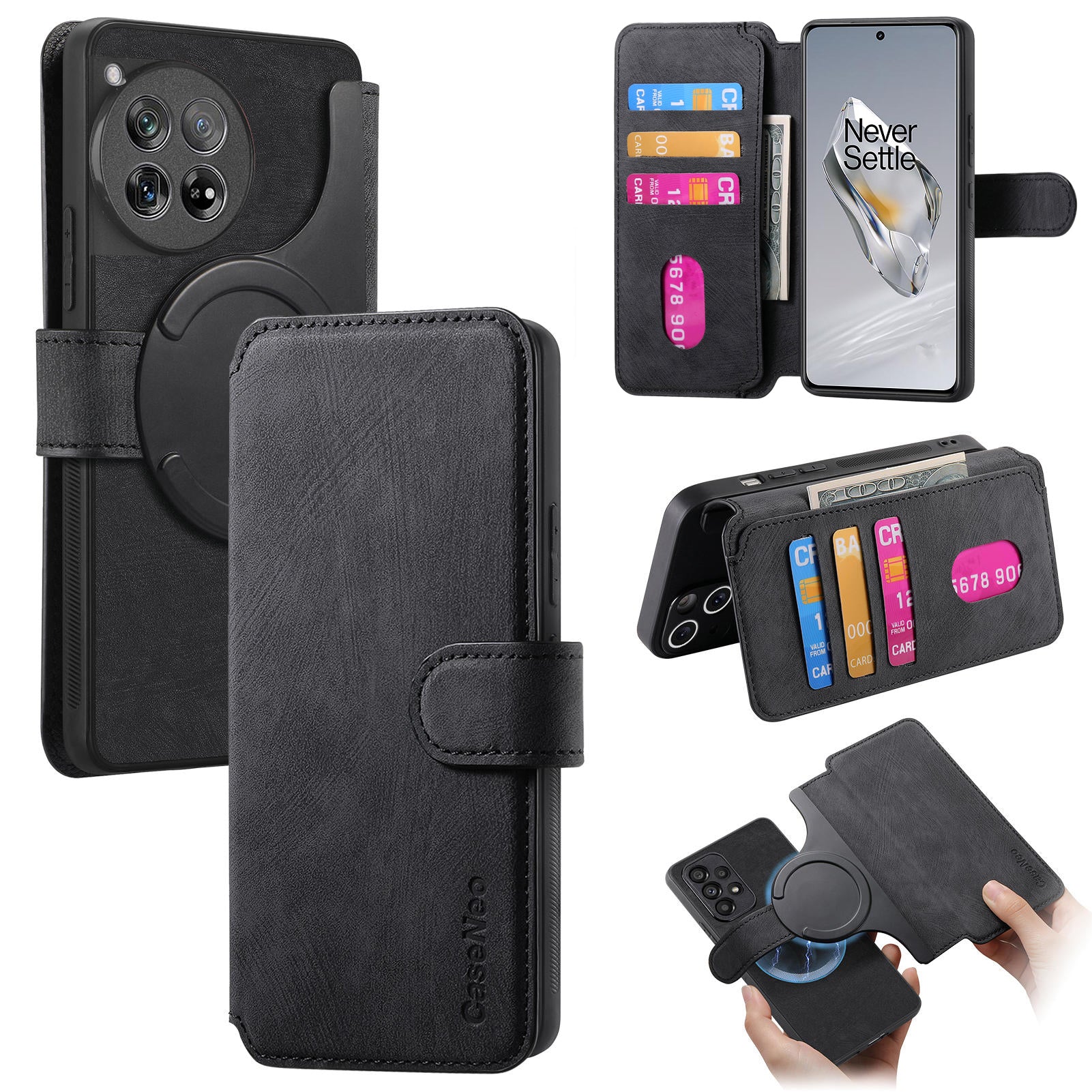 For OnePlus 13 Case CASENEO Detachable Magnetic RFID Block Leather Phone Wallet Cover - Black