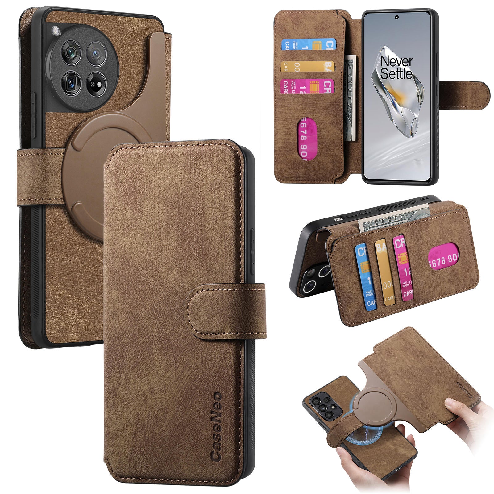 For OnePlus 13 Case CASENEO Detachable Magnetic RFID Block Leather Phone Wallet Cover - Brown