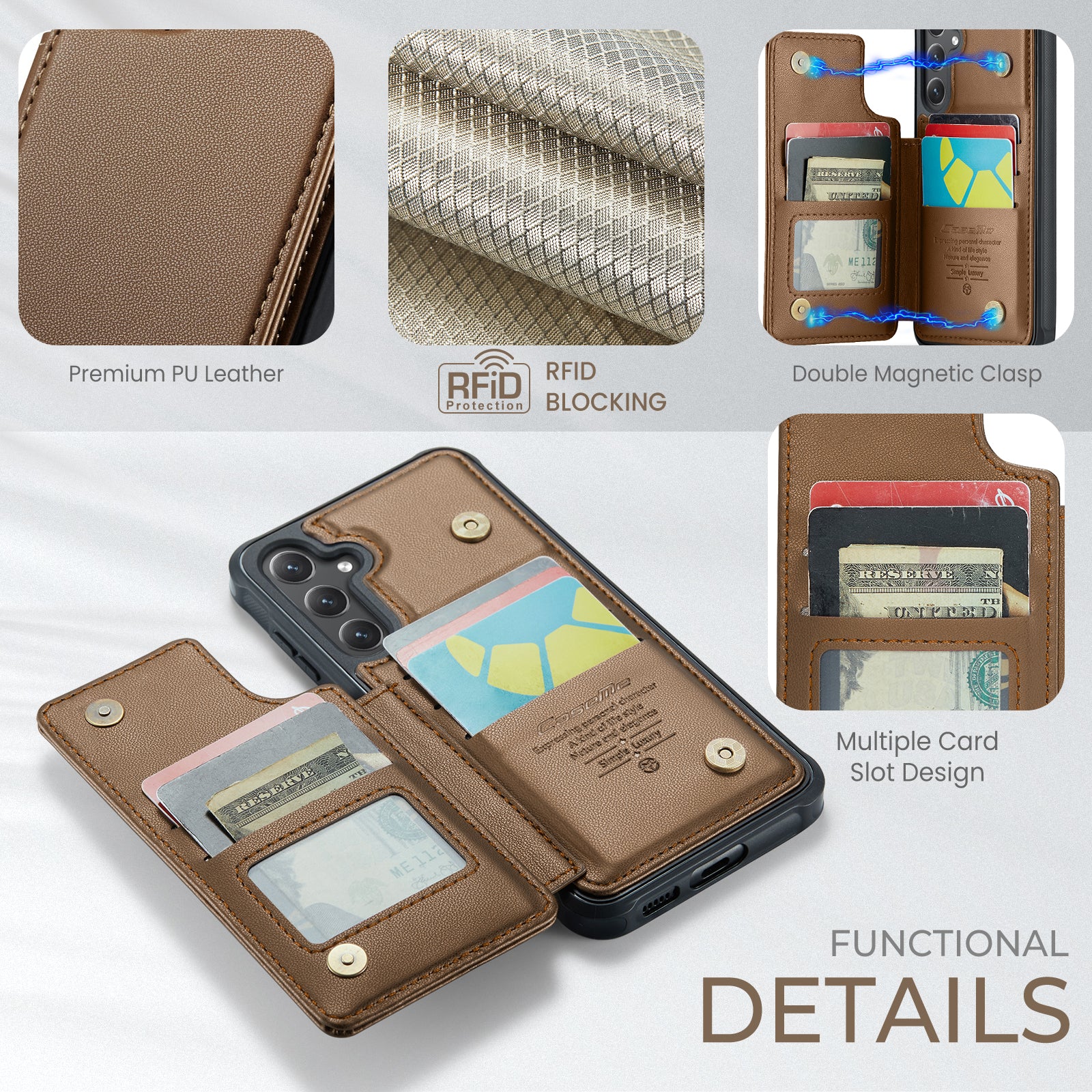 For Samsung Galaxy S25+ Case CASEME C22 Series  Leather+TPU Cover RFID Blocking 5 Card Slots - Brown