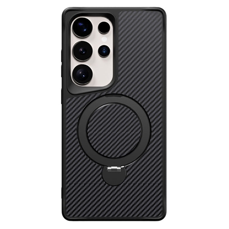 For Samsung Galaxy S24 Ultra Phone Case with Magnetic Kickstand TPU + PC Carbon Fiber Back Cover - Black