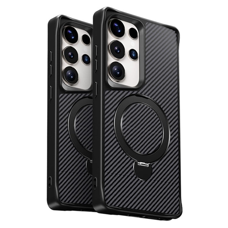 For Samsung Galaxy S24 Ultra Phone Case with Magnetic Kickstand TPU + PC Carbon Fiber Back Cover - Black