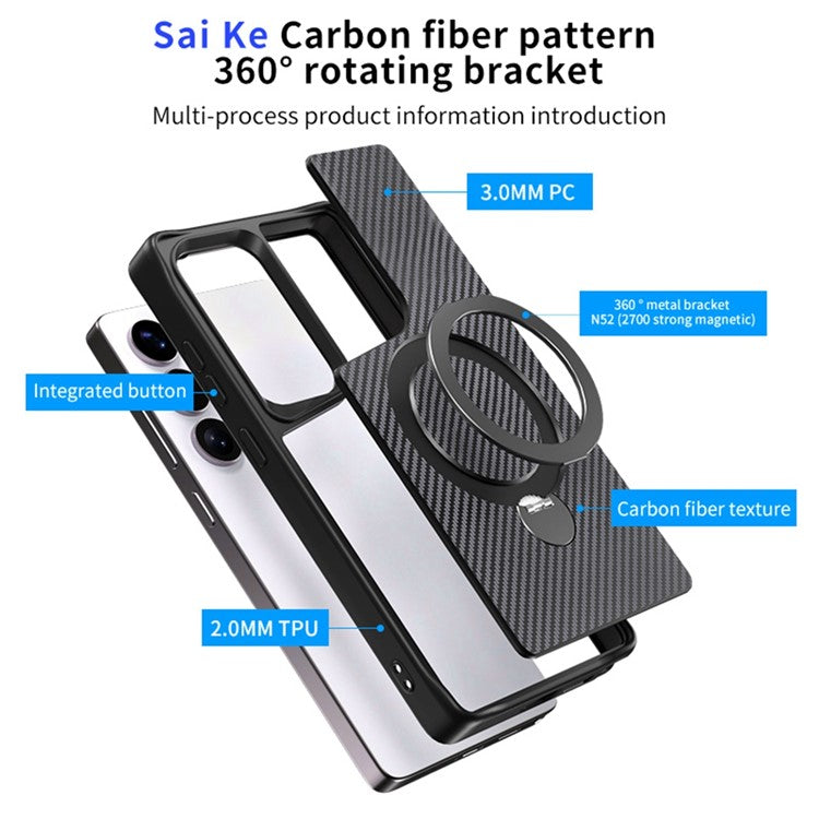 For Samsung Galaxy S24 Ultra Phone Case with Magnetic Kickstand TPU + PC Carbon Fiber Back Cover - Black