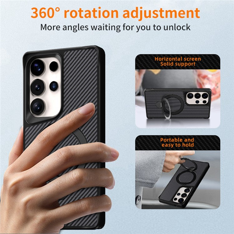 For Samsung Galaxy S24 Ultra Phone Case with Magnetic Kickstand TPU + PC Carbon Fiber Back Cover - Black