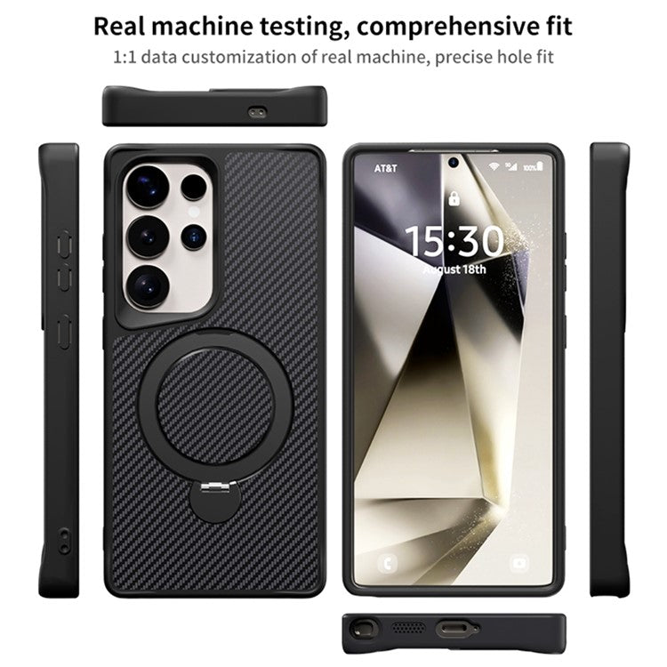 For Samsung Galaxy S24 Ultra Phone Case with Magnetic Kickstand TPU + PC Carbon Fiber Back Cover - Black