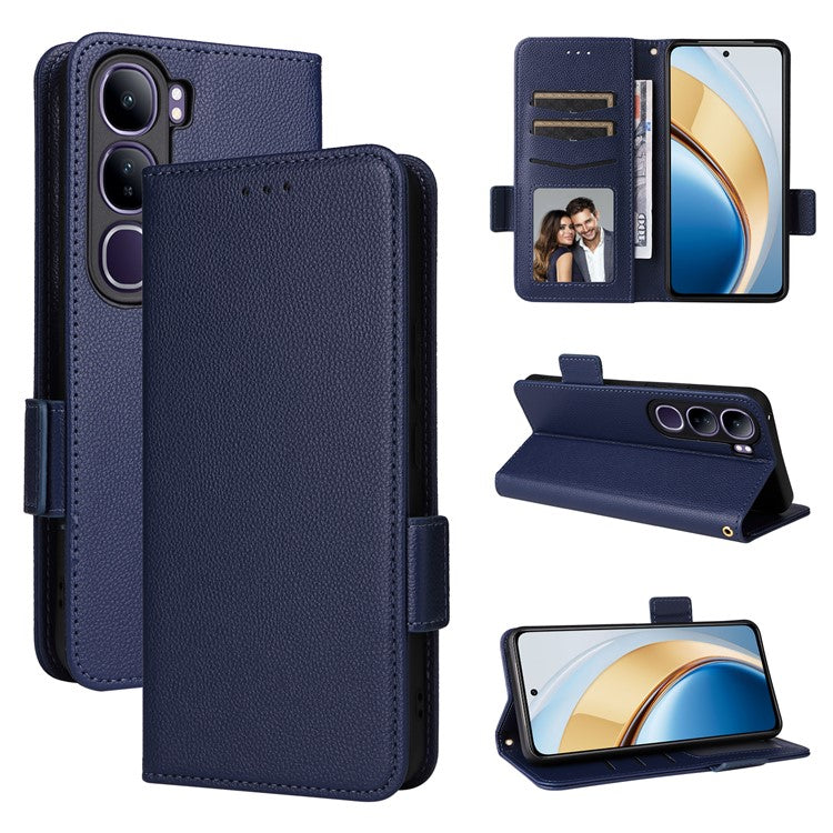 Leather Case for vivo V40 SE 5G 80W / V40 Lite (Indonesia) 4G / 5G Litchi Texture Wallet Flip Phone Cover - Dark Blue