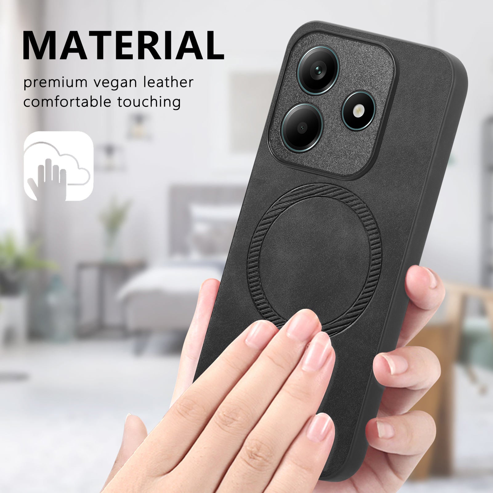 For Xiaomi Redmi Note 14 5G Leather Back Case Compatible with MagSafe Skin-touch Phone Cover - Black