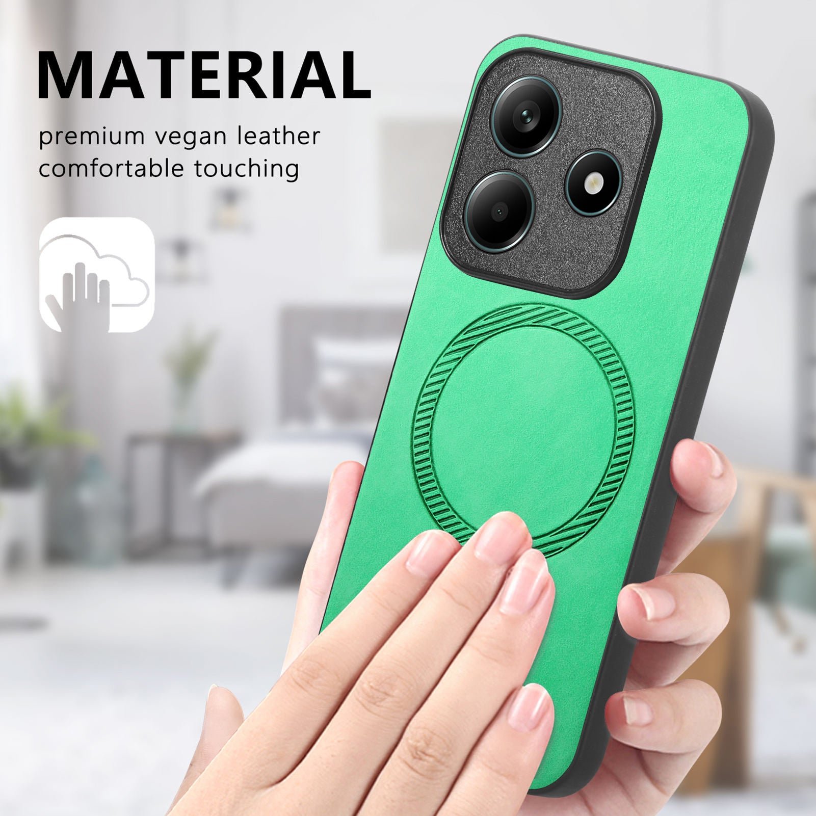 For Xiaomi Redmi Note 14 5G Leather Back Case Compatible with MagSafe Skin-touch Phone Cover - Green