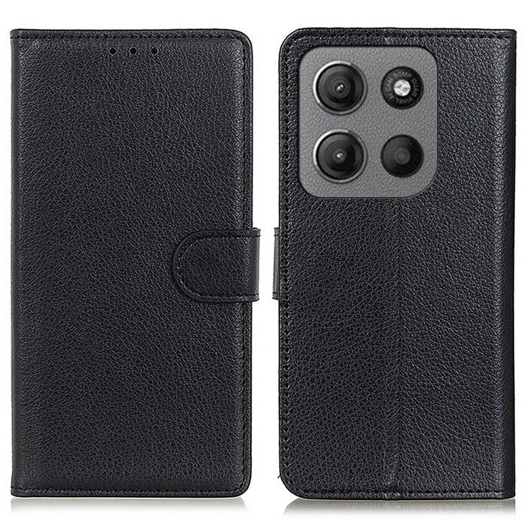 For Motorola Moto G15 4G Wallet Case PU Leather Phone Cover Litchi Texture - Black