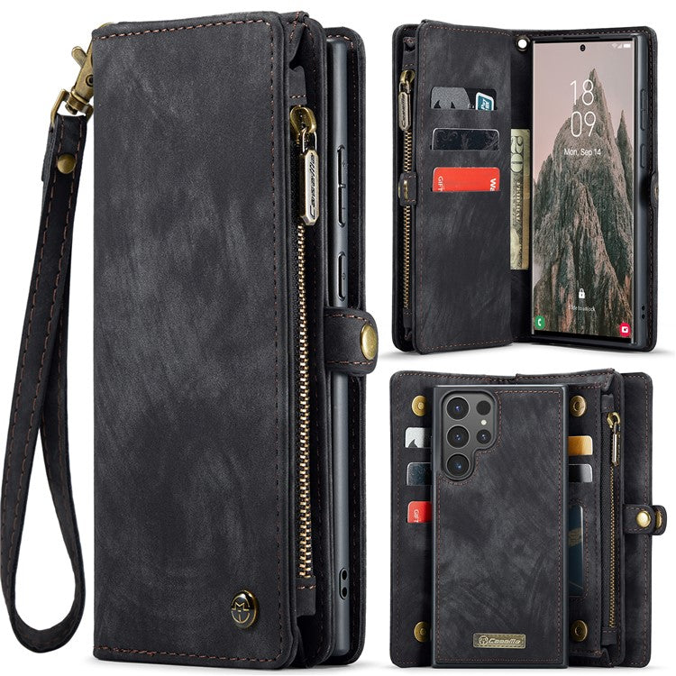 For Samsung Galaxy S25 Ultra Case CASEME 008 Series Detachable Leather Zipper Wallet Phone Cover - Black