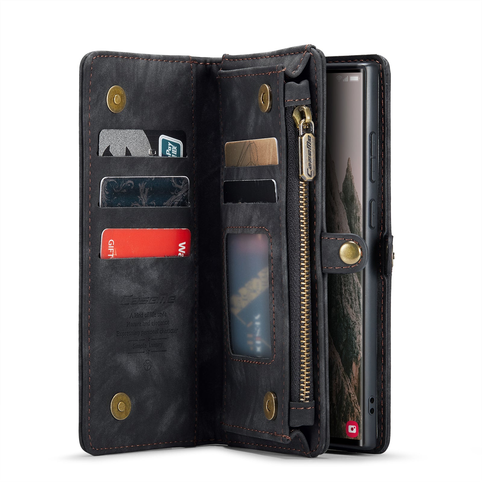 For Samsung Galaxy S25 Ultra Case CASEME 008 Series Detachable Leather Zipper Wallet Phone Cover - Black