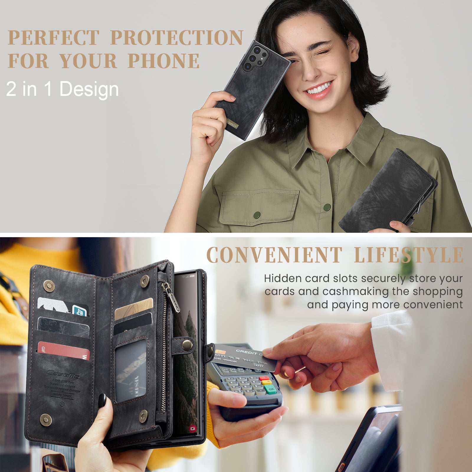 For Samsung Galaxy S25 Ultra Case CASEME 008 Series Detachable Leather Zipper Wallet Phone Cover - Black