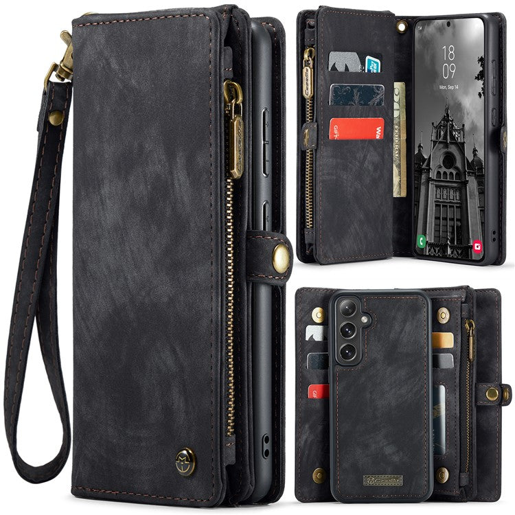 For Samsung Galaxy S25 Case CASEME 008 Series Detachable Leather Zipper Wallet Phone Cover - Black