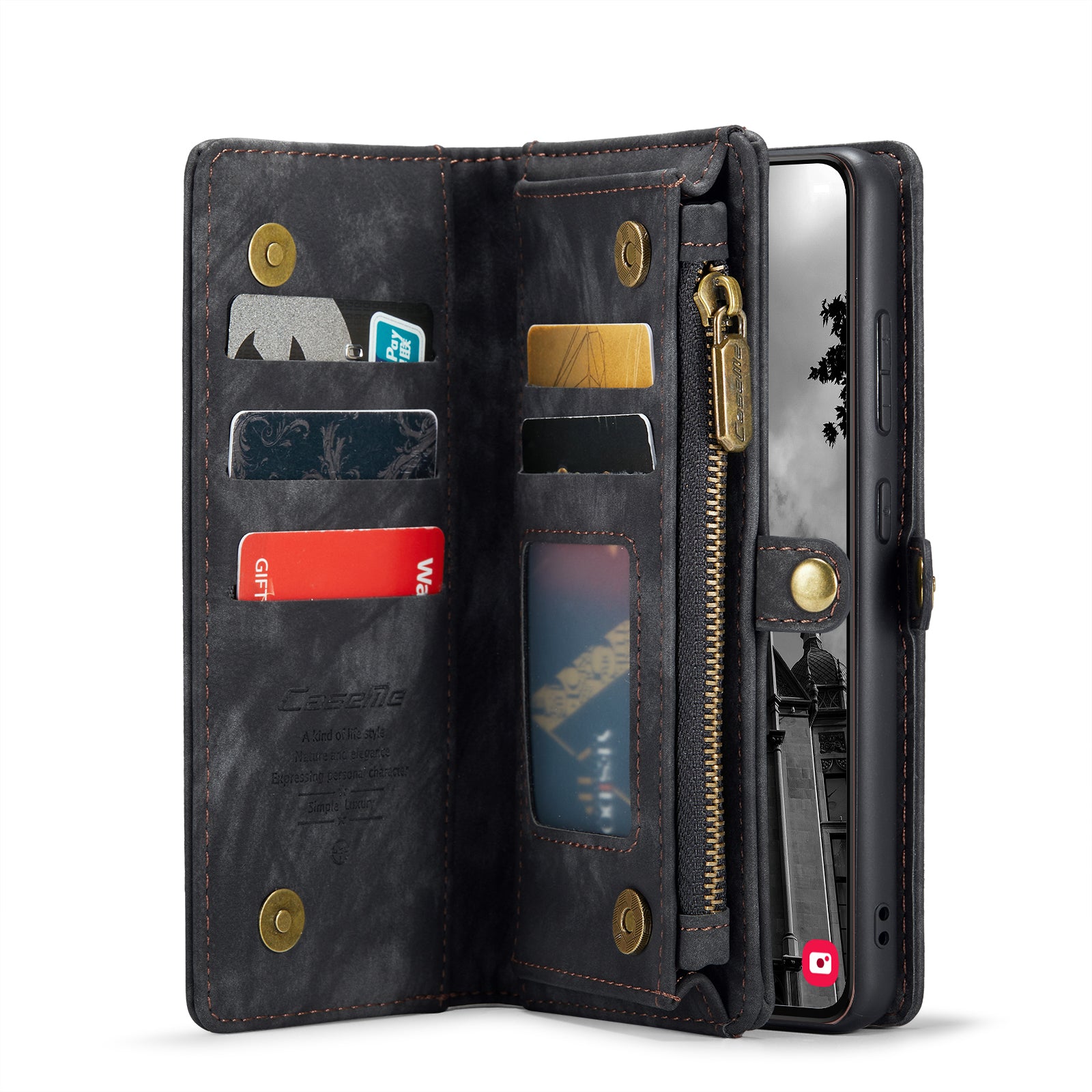 For Samsung Galaxy S25 Case CASEME 008 Series Detachable Leather Zipper Wallet Phone Cover - Black