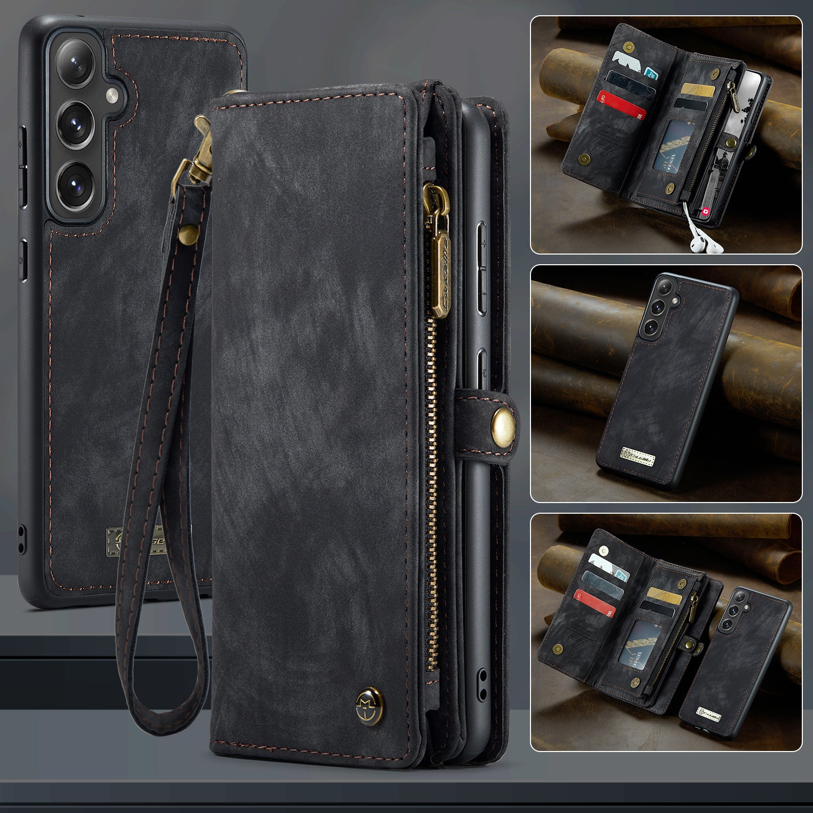 For Samsung Galaxy S25 Case CASEME 008 Series Detachable Leather Zipper Wallet Phone Cover - Black