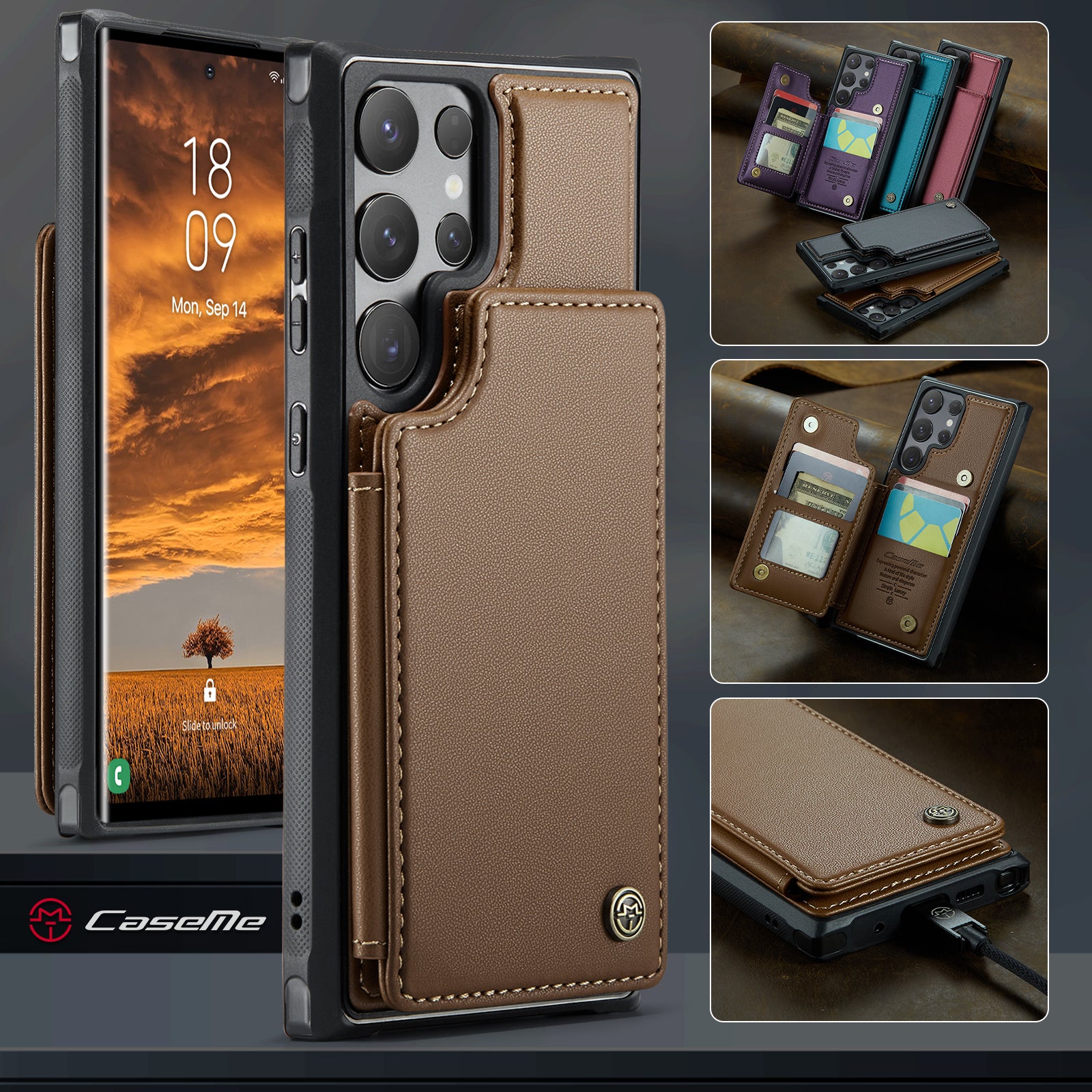 For Samsung Galaxy S25 Ultra Case CASEME C22 Series  Leather+TPU Cover RFID Blocking 5 Card Slots - Brown