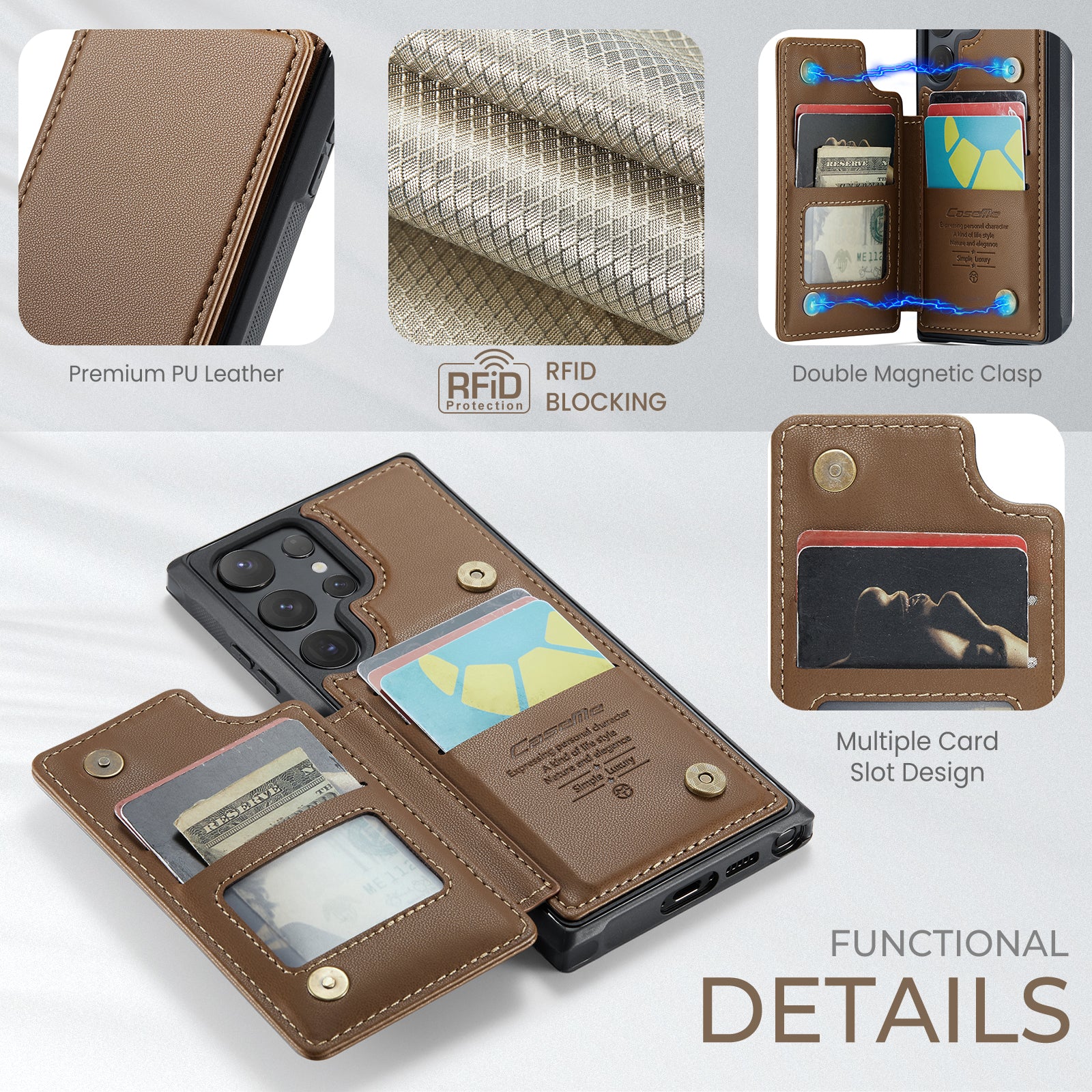 For Samsung Galaxy S25 Ultra Case CASEME C22 Series  Leather+TPU Cover RFID Blocking 5 Card Slots - Brown