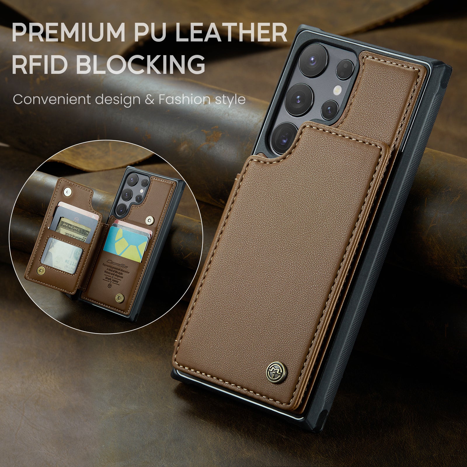 For Samsung Galaxy S25 Ultra Case CASEME C22 Series  Leather+TPU Cover RFID Blocking 5 Card Slots - Brown