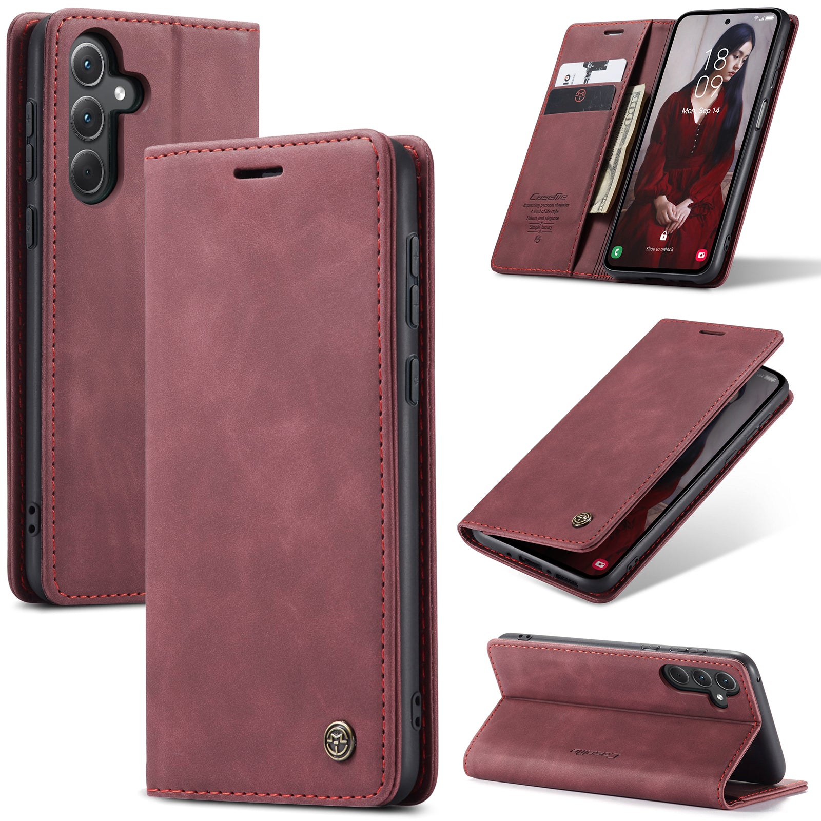 For Samsung Galaxy A36 5G Case CASEME 013 Series Card Holder Stand Leather Phone Cover - Red