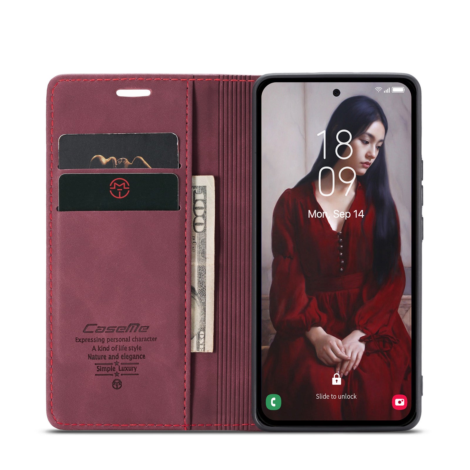 For Samsung Galaxy A36 5G Case CASEME 013 Series Card Holder Stand Leather Phone Cover - Red