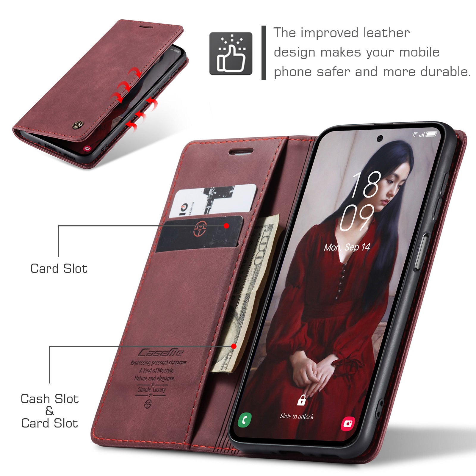 For Samsung Galaxy A36 5G Case CASEME 013 Series Card Holder Stand Leather Phone Cover - Red