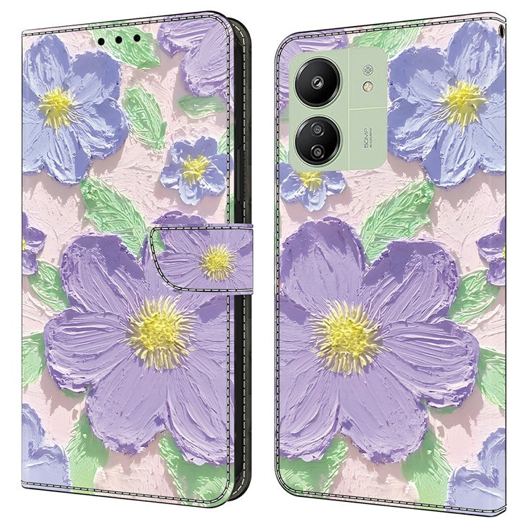 Leather Case For Xiaomi Redmi 14C 4G / Redmi 14R 5G / Poco C75 4G Pattern Printing Anti-Drop Flip Wallet Phone Cover - Oil Painting Purple Flowers