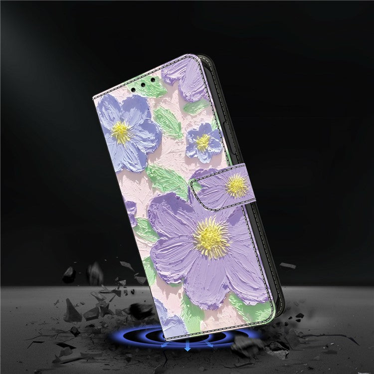 Leather Case For Xiaomi Redmi 14C 4G / Redmi 14R 5G / Poco C75 4G Pattern Printing Anti-Drop Flip Wallet Phone Cover - Oil Painting Purple Flowers