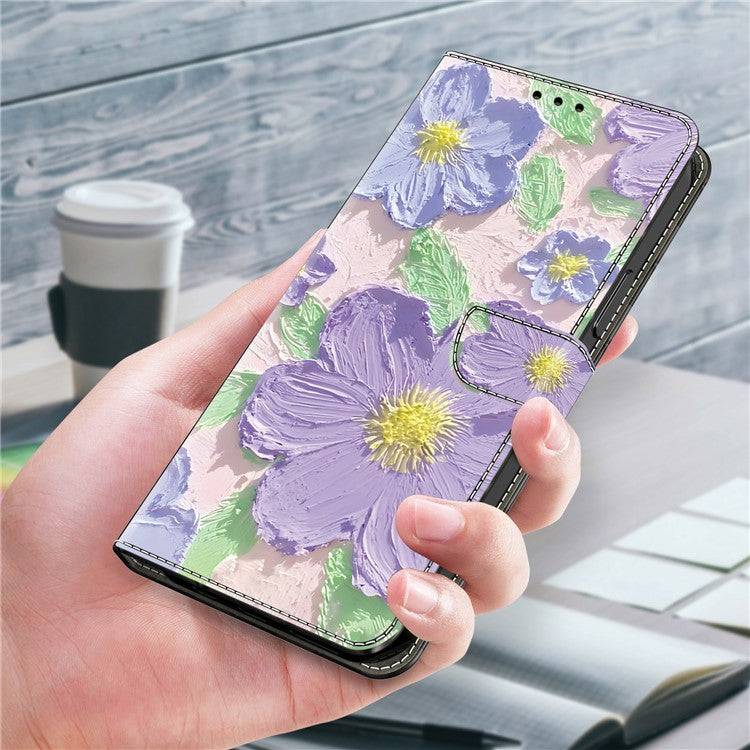 Leather Case For Xiaomi Redmi 14C 4G / Redmi 14R 5G / Poco C75 4G Pattern Printing Anti-Drop Flip Wallet Phone Cover - Oil Painting Purple Flowers