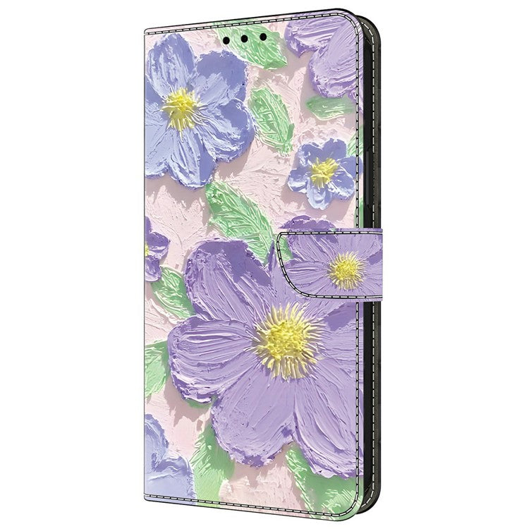 Leather Case For Xiaomi Redmi 14C 4G / Redmi 14R 5G / Poco C75 4G Pattern Printing Anti-Drop Flip Wallet Phone Cover - Oil Painting Purple Flowers