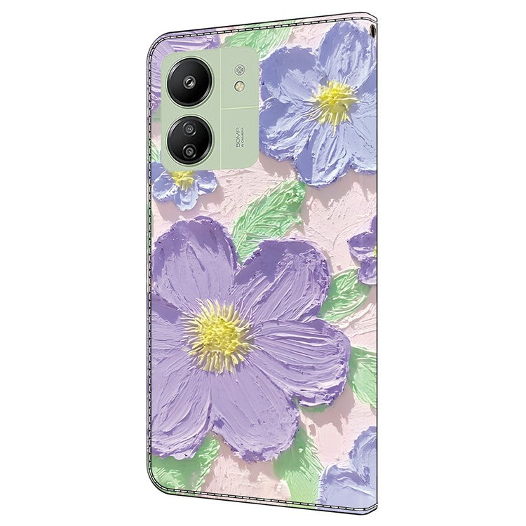 Leather Case For Xiaomi Redmi 14C 4G / Redmi 14R 5G / Poco C75 4G Pattern Printing Anti-Drop Flip Wallet Phone Cover - Oil Painting Purple Flowers