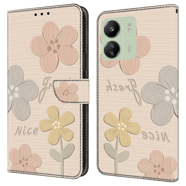 Leather Case For Xiaomi Redmi 14C 4G / Redmi 14R 5G / Poco C75 4G Pattern Printing Anti-Drop Flip Wallet Phone Cover - Fresh Flowers