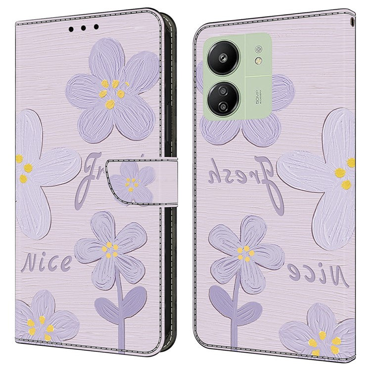 Leather Case For Xiaomi Redmi 14C 4G / Redmi 14R 5G / Poco C75 4G Pattern Printing Anti-Drop Flip Wallet Phone Cover - Purple Flowers