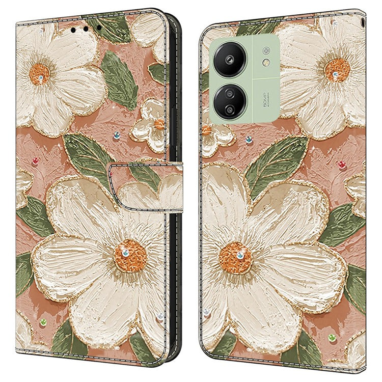 Leather Case For Xiaomi Redmi 14C 4G / Redmi 14R 5G / Poco C75 4G Pattern Printing Anti-Drop Flip Wallet Phone Cover - Beige Flowers