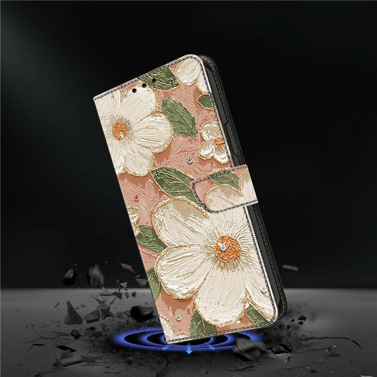 Leather Case For Xiaomi Redmi 14C 4G / Redmi 14R 5G / Poco C75 4G Pattern Printing Anti-Drop Flip Wallet Phone Cover - Beige Flowers