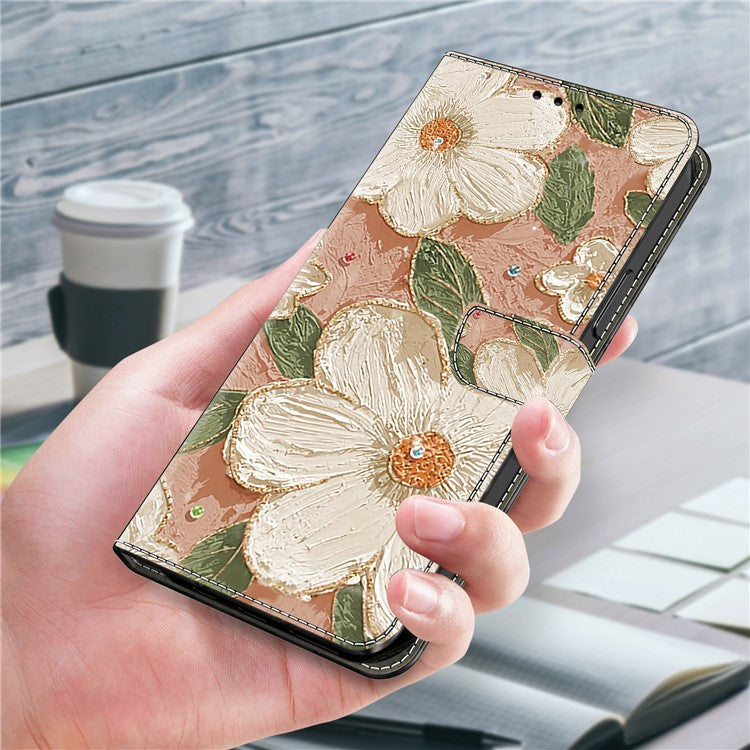 Leather Case For Xiaomi Redmi 14C 4G / Redmi 14R 5G / Poco C75 4G Pattern Printing Anti-Drop Flip Wallet Phone Cover - Beige Flowers