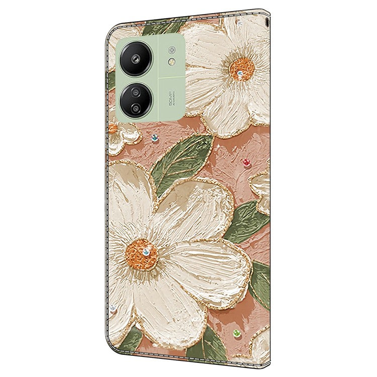 Leather Case For Xiaomi Redmi 14C 4G / Redmi 14R 5G / Poco C75 4G Pattern Printing Anti-Drop Flip Wallet Phone Cover - Beige Flowers