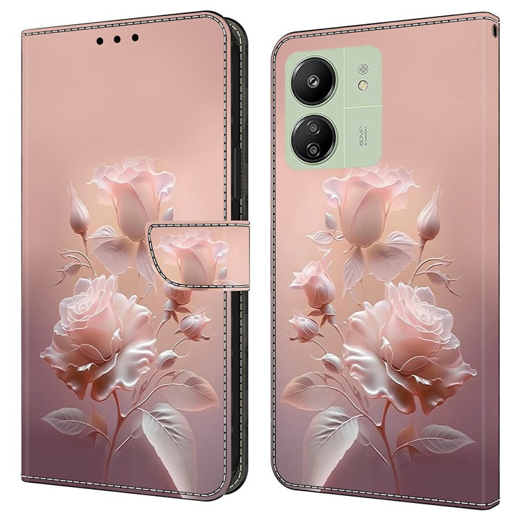 Leather Case For Xiaomi Redmi 14C 4G / Redmi 14R 5G / Poco C75 4G Pattern Printing Anti-Drop Flip Wallet Phone Cover - Ceramic Rose