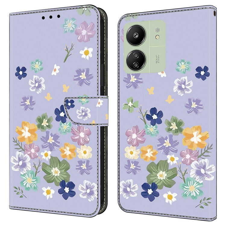 Leather Case For Xiaomi Redmi 14C 4G / Redmi 14R 5G / Poco C75 4G Pattern Printing Anti-Drop Flip Wallet Phone Cover - Purple Floral