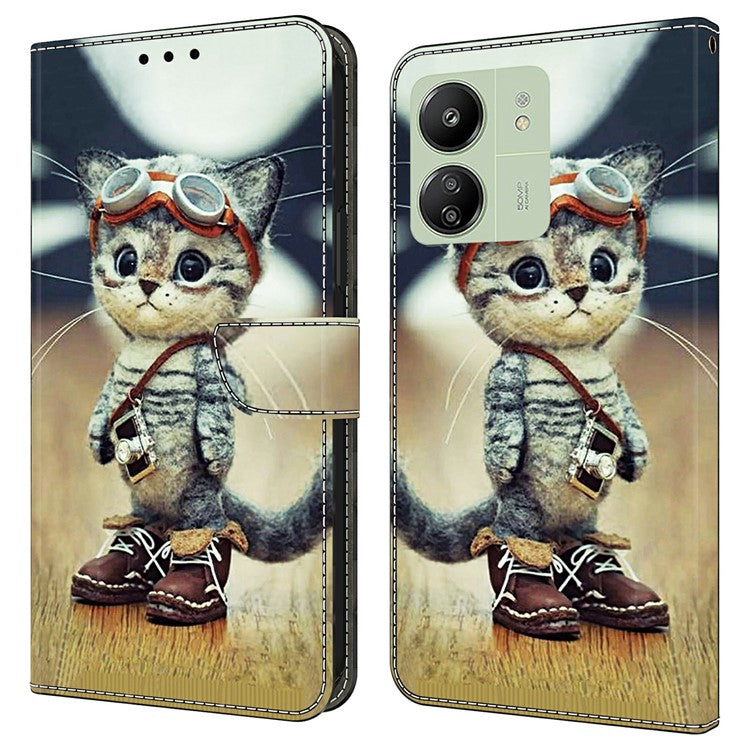 Leather Case For Xiaomi Redmi 14C 4G / Redmi 14R 5G / Poco C75 4G Pattern Printing Anti-Drop Flip Wallet Phone Cover - Naughty Cat