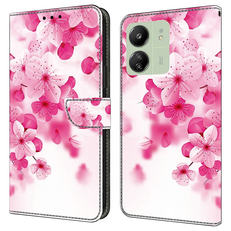 Leather Case For Xiaomi Redmi 14C 4G / Redmi 14R 5G / Poco C75 4G Pattern Printing Anti-Drop Flip Wallet Phone Cover - Red Flowers