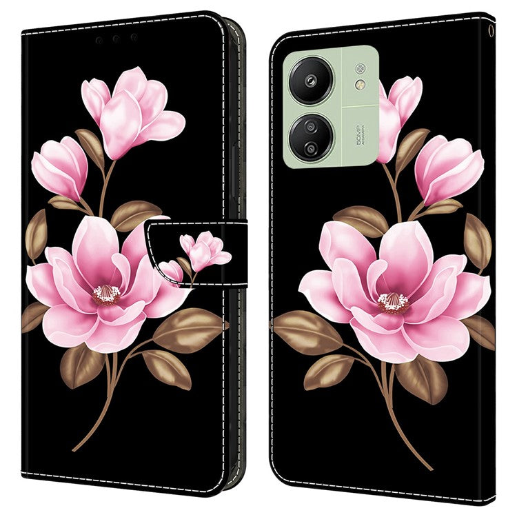 Leather Case For Xiaomi Redmi 14C 4G / Redmi 14R 5G / Poco C75 4G Pattern Printing Anti-Drop Flip Wallet Phone Cover - Black  /  Flowers