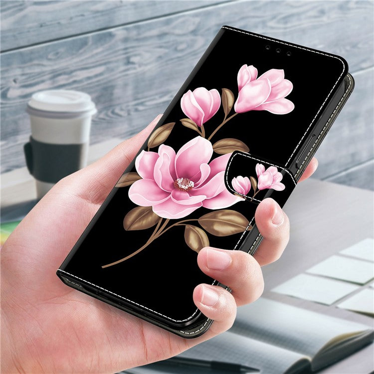 Leather Case For Xiaomi Redmi 14C 4G / Redmi 14R 5G / Poco C75 4G Pattern Printing Anti-Drop Flip Wallet Phone Cover - Black  /  Flowers