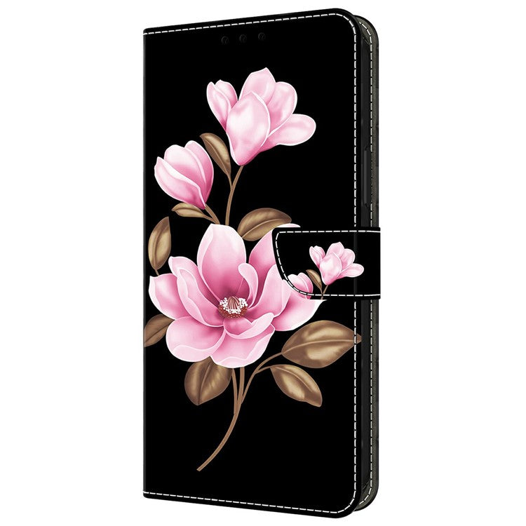 Leather Case For Xiaomi Redmi 14C 4G / Redmi 14R 5G / Poco C75 4G Pattern Printing Anti-Drop Flip Wallet Phone Cover - Black  /  Flowers