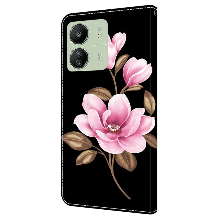 Leather Case For Xiaomi Redmi 14C 4G / Redmi 14R 5G / Poco C75 4G Pattern Printing Anti-Drop Flip Wallet Phone Cover - Black  /  Flowers