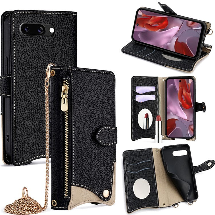 For Google Pixel 9a Leather Case Wallet Stand Cover Irregular Tail Style with Chain Strap - Black