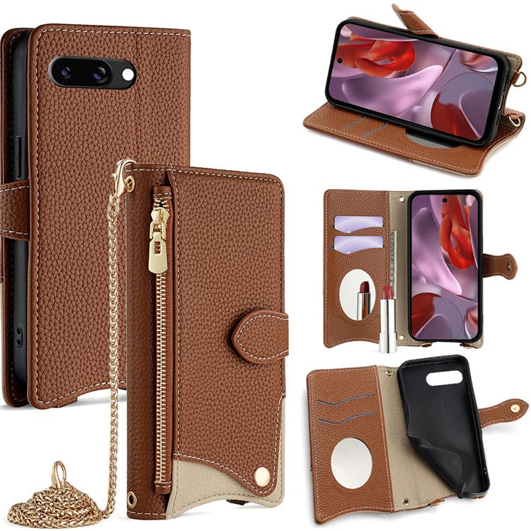 For Google Pixel 9a Leather Case Wallet Stand Cover Irregular Tail Style with Chain Strap - Brown