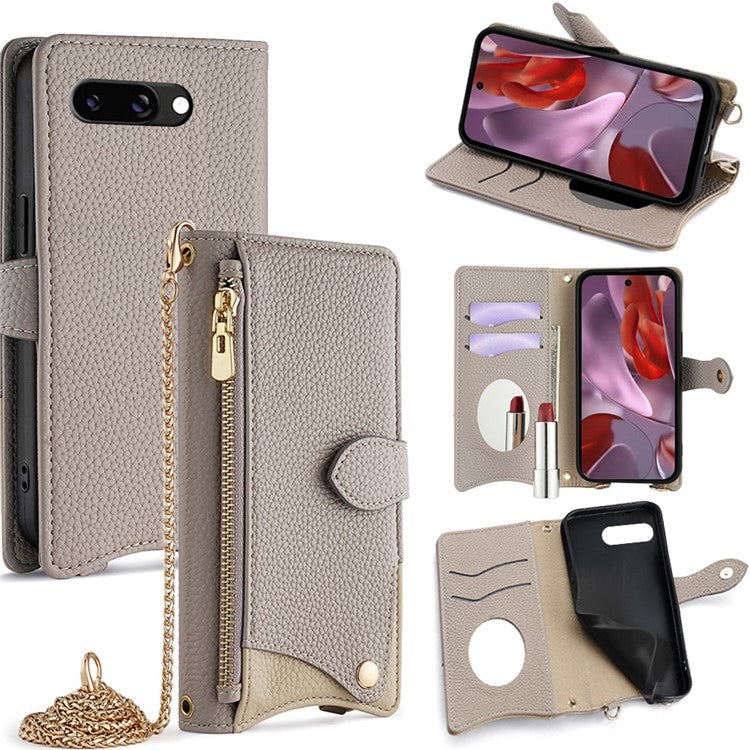 For Google Pixel 9a Leather Case Wallet Stand Cover Irregular Tail Style with Chain Strap - Grey