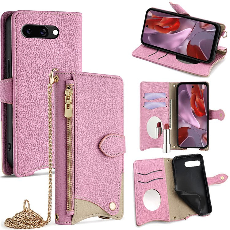 For Google Pixel 9a Leather Case Wallet Stand Cover Irregular Tail Style with Chain Strap - Pink