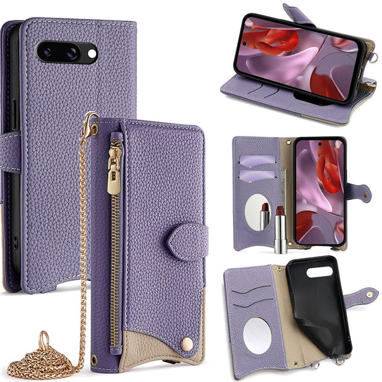 For Google Pixel 9a Leather Case Wallet Stand Cover Irregular Tail Style with Chain Strap - Purple