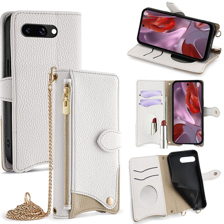 For Google Pixel 9a Leather Case Wallet Stand Cover Irregular Tail Style with Chain Strap - White