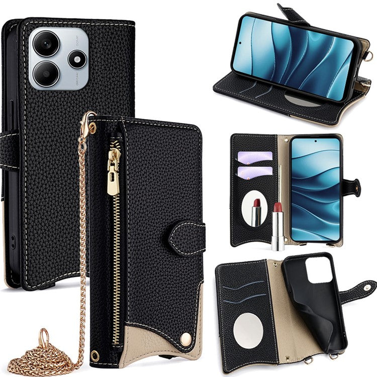 For Xiaomi Redmi Note 14 5G Leather Case Wallet Stand Cover Irregular Tail Style with Chain Strap - Black